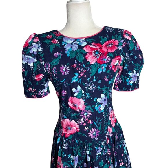 Vintage Jodi Michaels Floral Fit Flare Dress Small Navy Pockets Bow Zipper - Picture 2 of 8